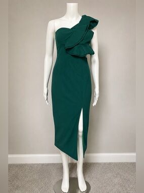 Hello Molly One-Shoulder Ruffle Midi Dress in Emerald NWT | Size XL